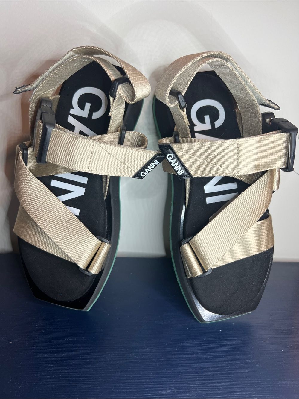 Ganni Performance Webbing Sport Sandals Beige/Tan/Black Green Footbed US 7 EU 37